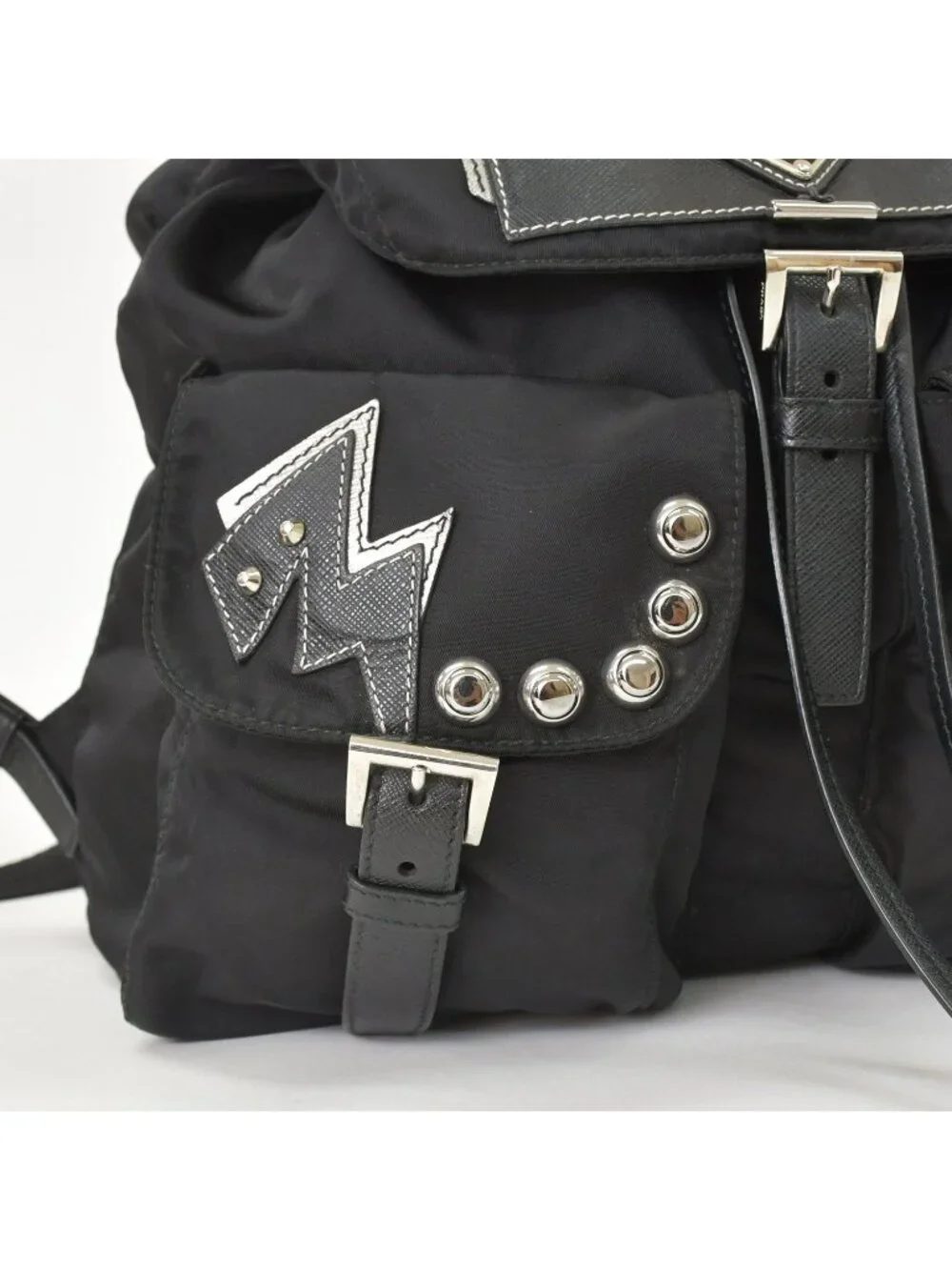 Prada Tessuto Nylon Robot Backpack Saffiano Leather Studs Metal Black